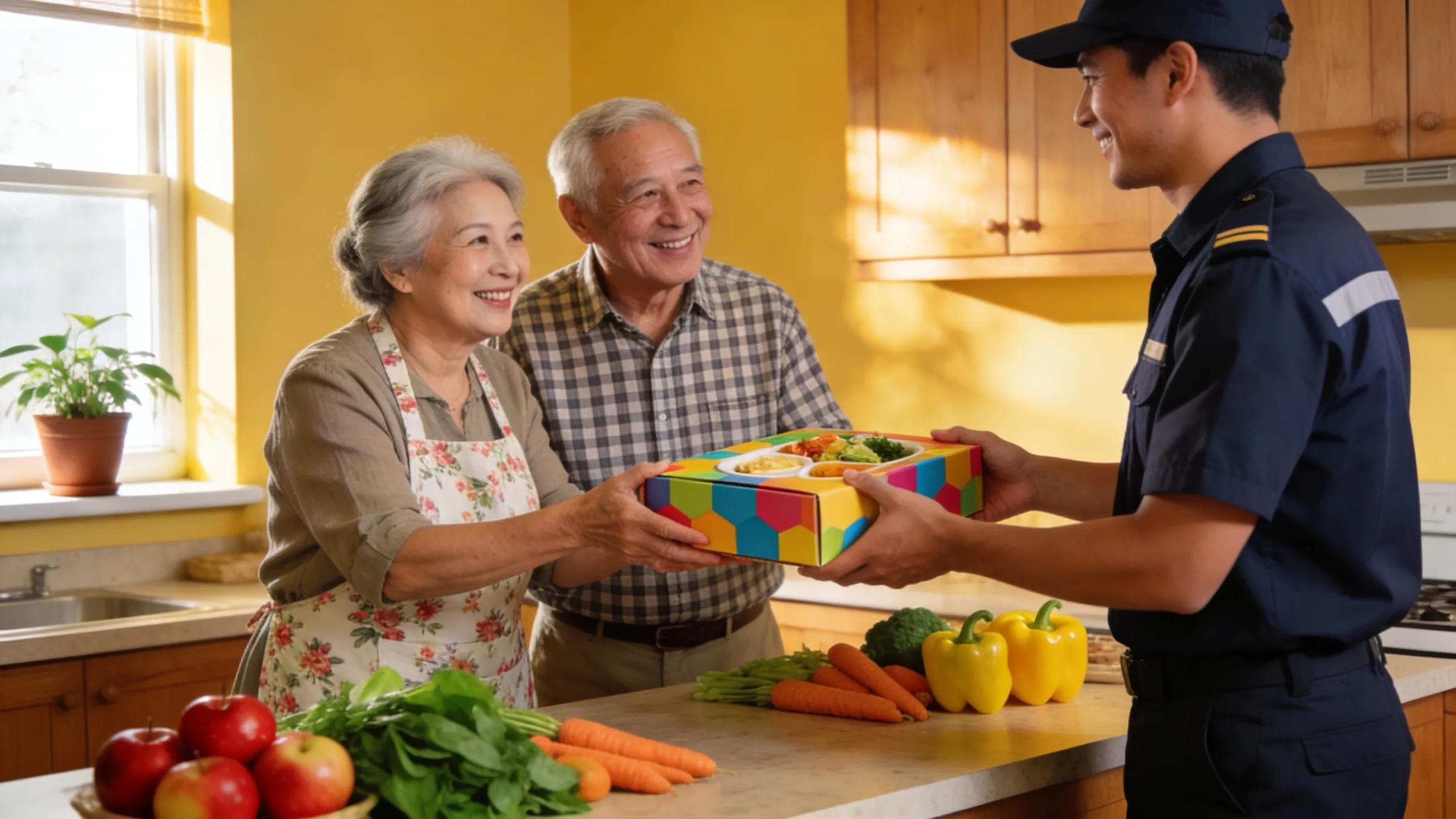 Elderly couple receiving healthy meal delivery in cozy kitchen setting