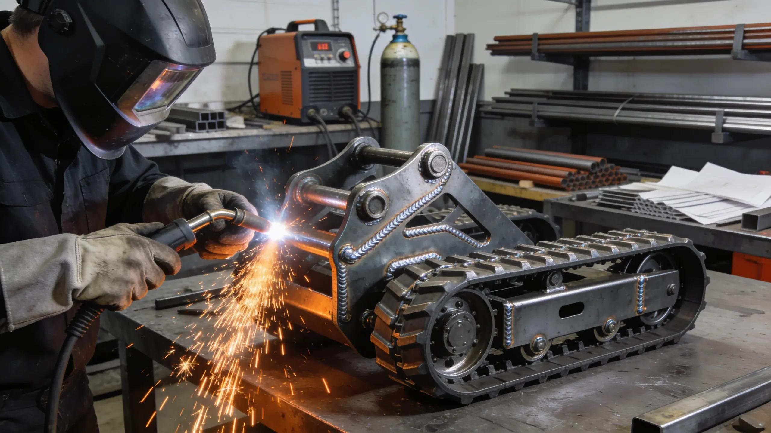 Craftsman welding a custom skid steer attachment in a metal fabrication workshop
