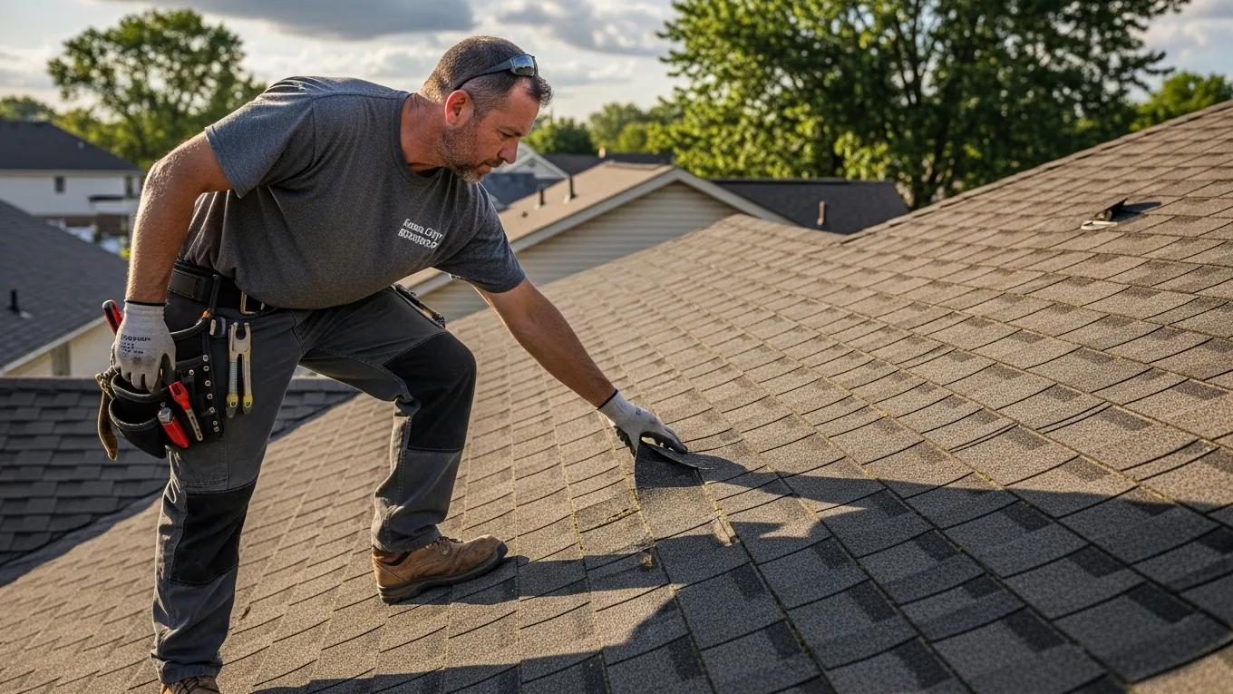 Kansas City roofing contractor inspecting shingles on a residential roof