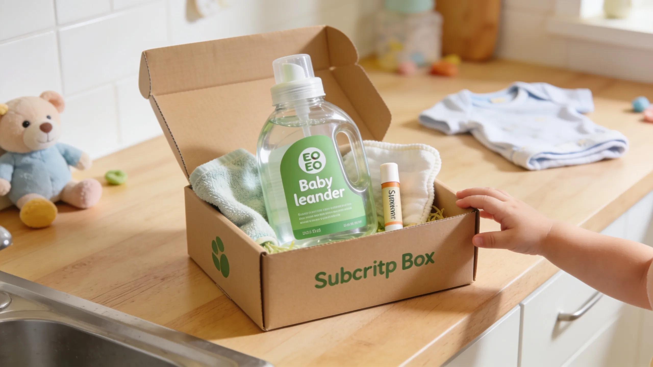 Subscription box for eco-friendly baby laundry detergent on a kitchen countertop