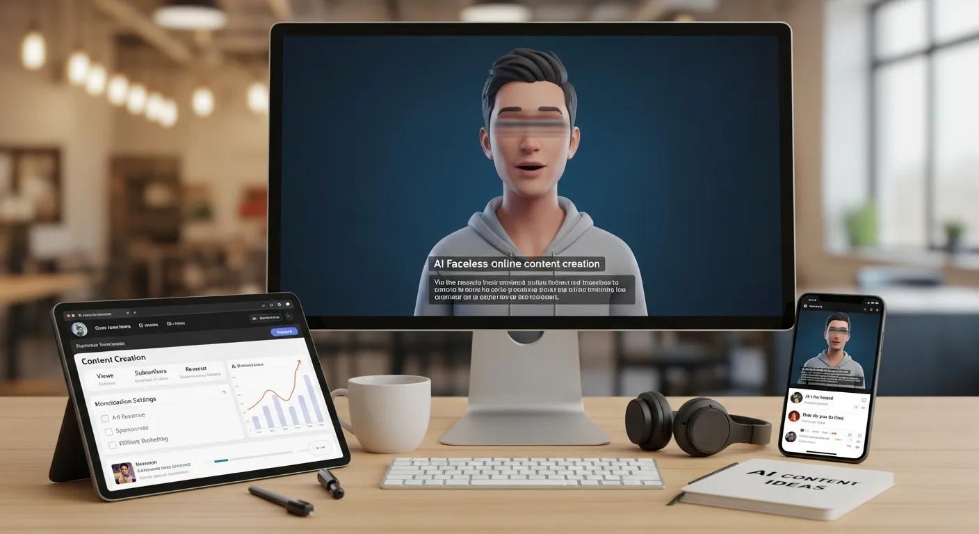 Multiple devices showing faceless AI video content and monetization approaches Multiple devices showing faceless AI video content and monetization approaches