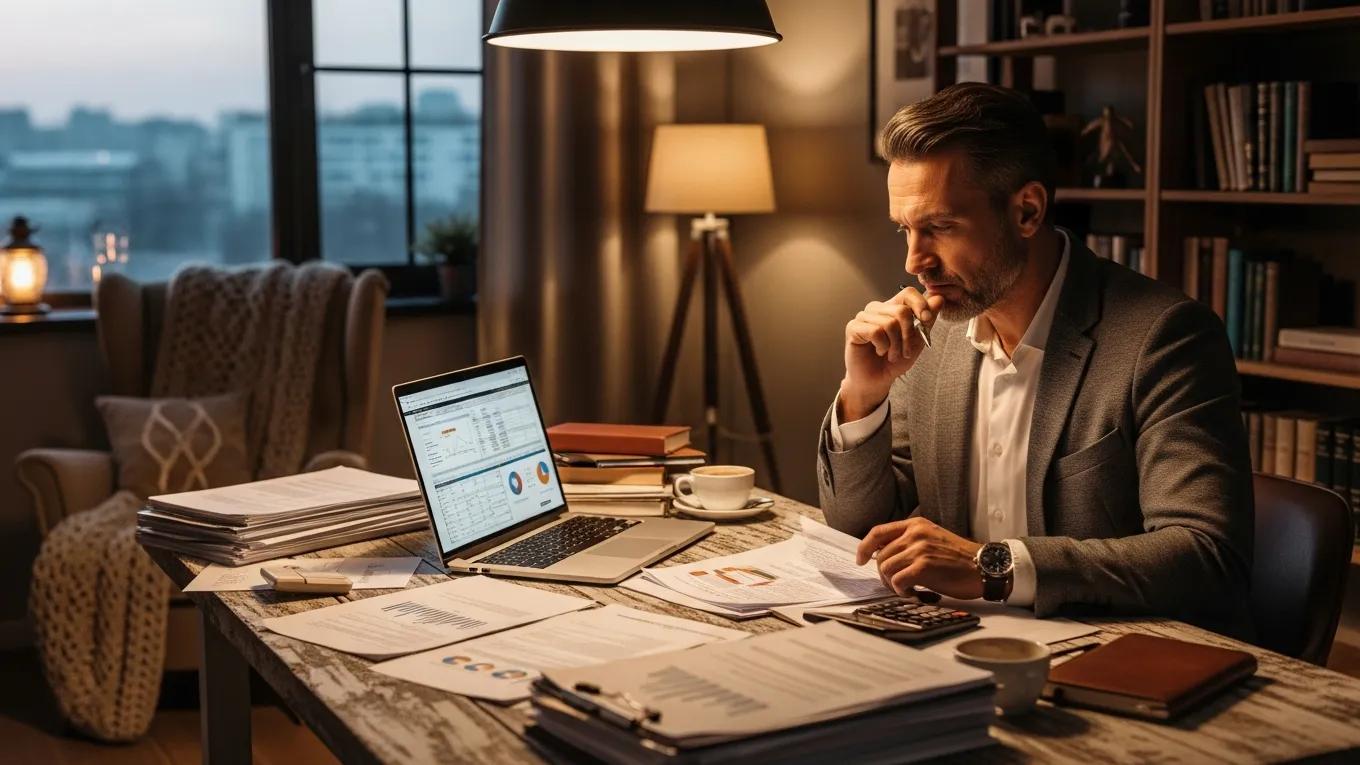 Investor analyzing documents and risks related to non-performing loans in a cozy workspace.