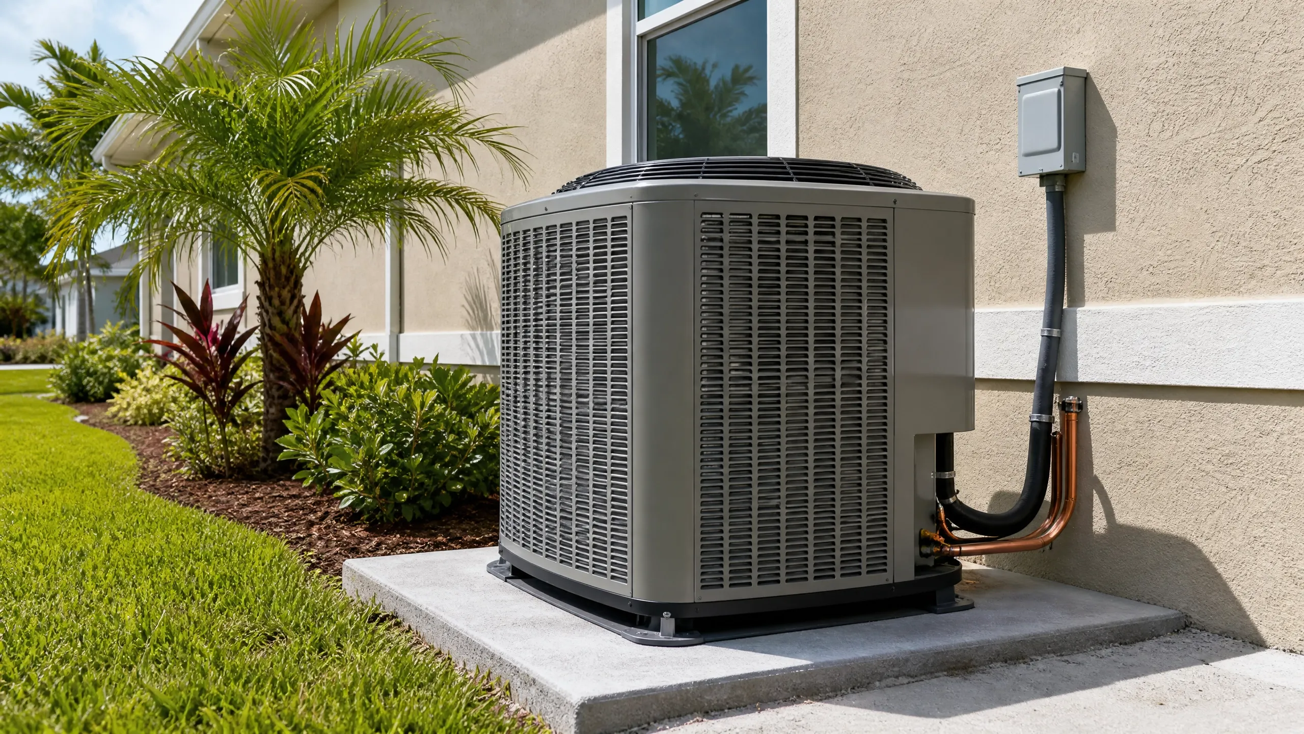 New outdoor AC unit installed on a concrete pad beside a Florida home