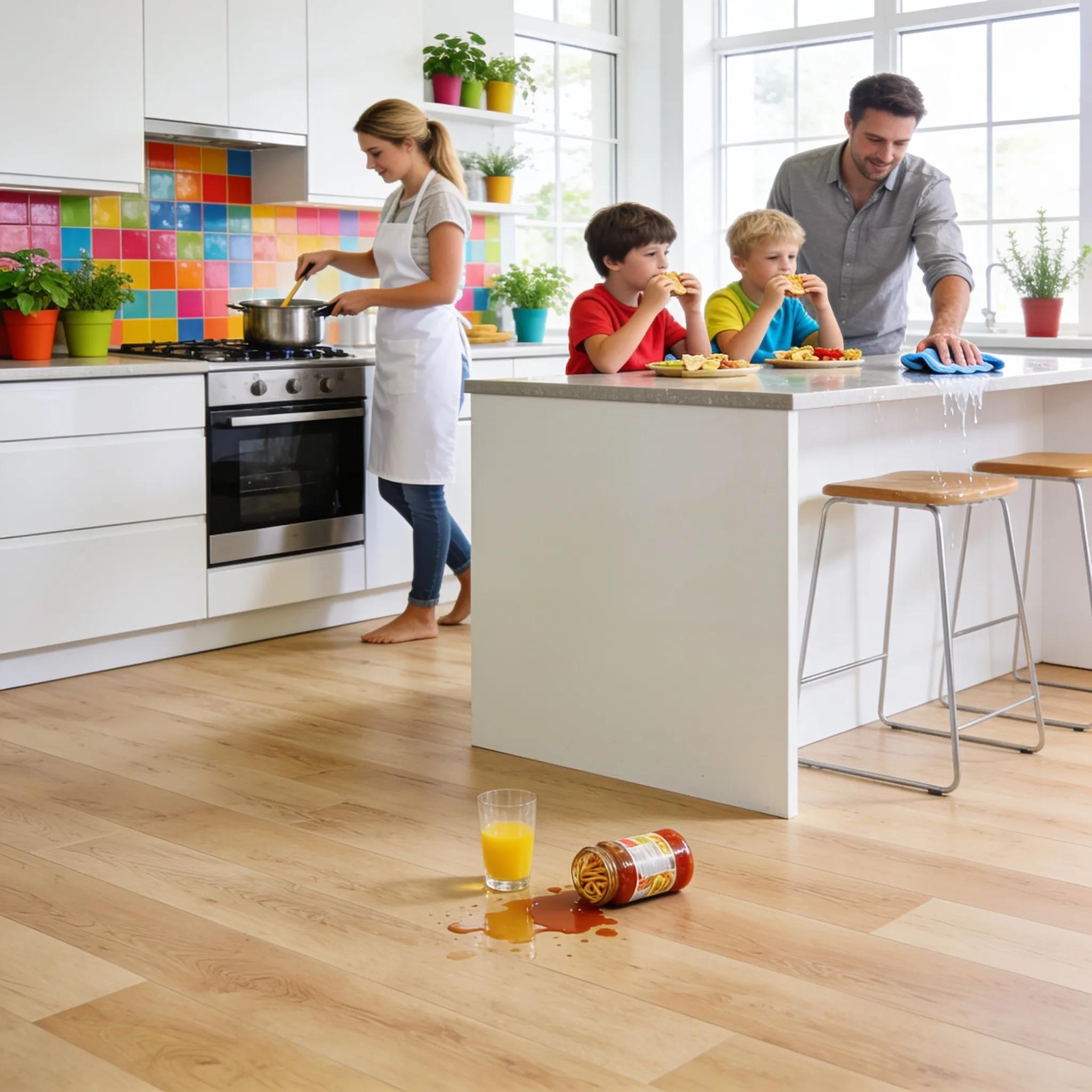Modern kitchen with vinyl plank flooring showing durability and family-friendly design