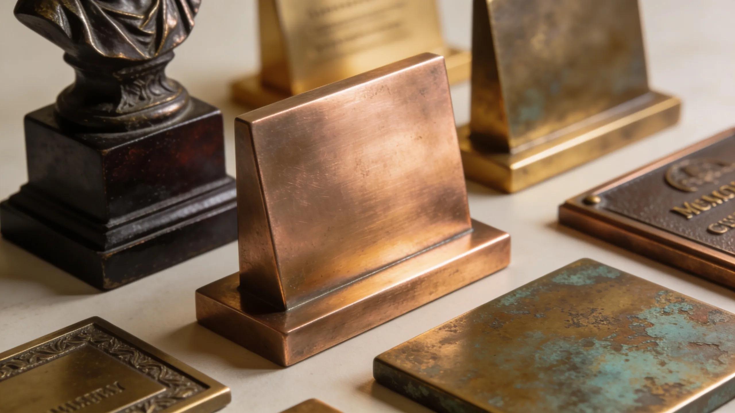 Selection of durable bronze materials for memorial plaques, showcasing various finishes and textures