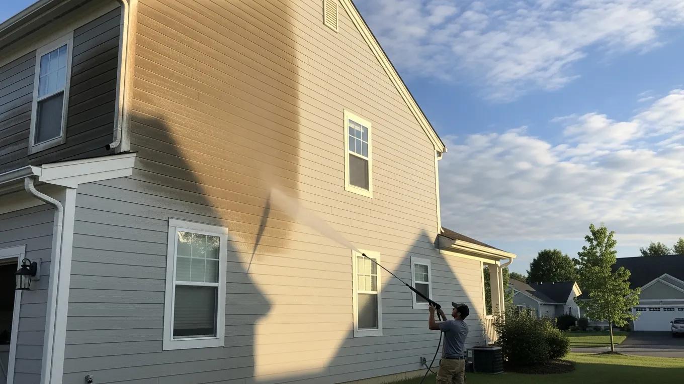Home exterior being pressure washed, showcasing the cleaning process and transformation