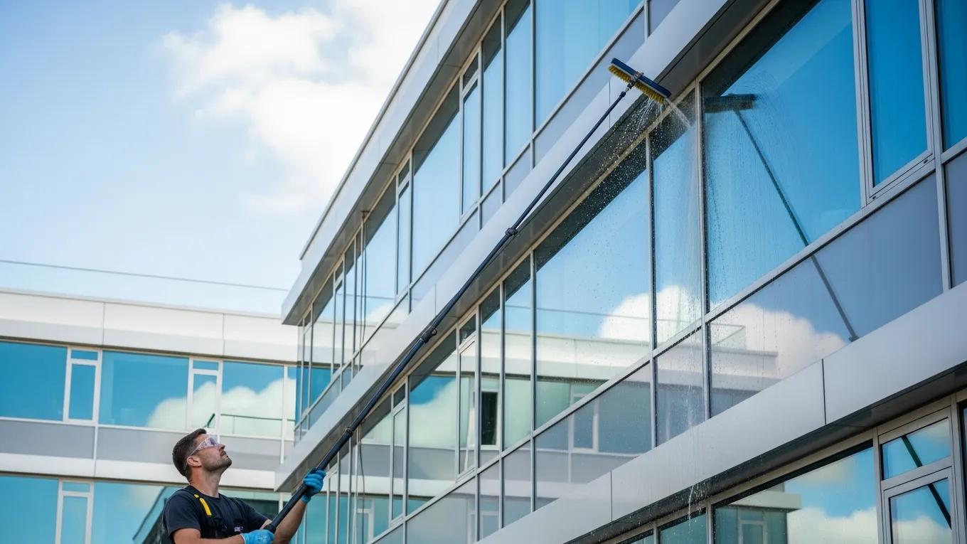 Professional window cleaner using a water-fed pole on a modern building