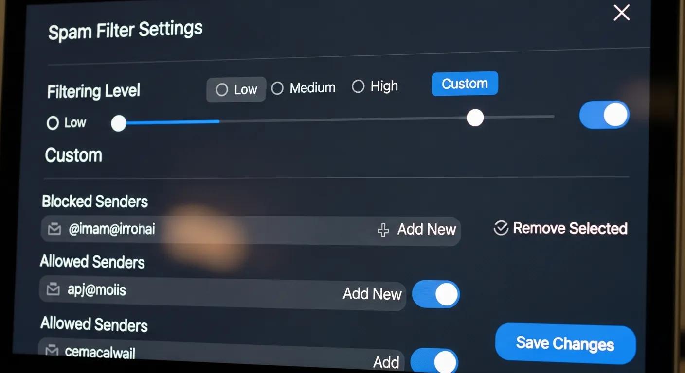 Close-up of spam filter settings on a computer screen, showing options to customize filtering and blocked senders