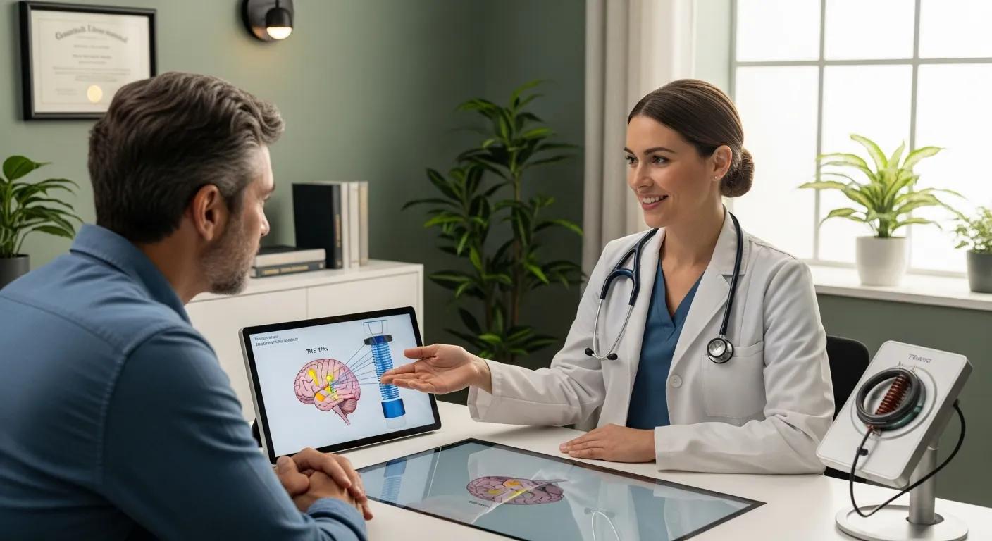 Healthcare professional explaining TMS treatment process to a patient in a consultation