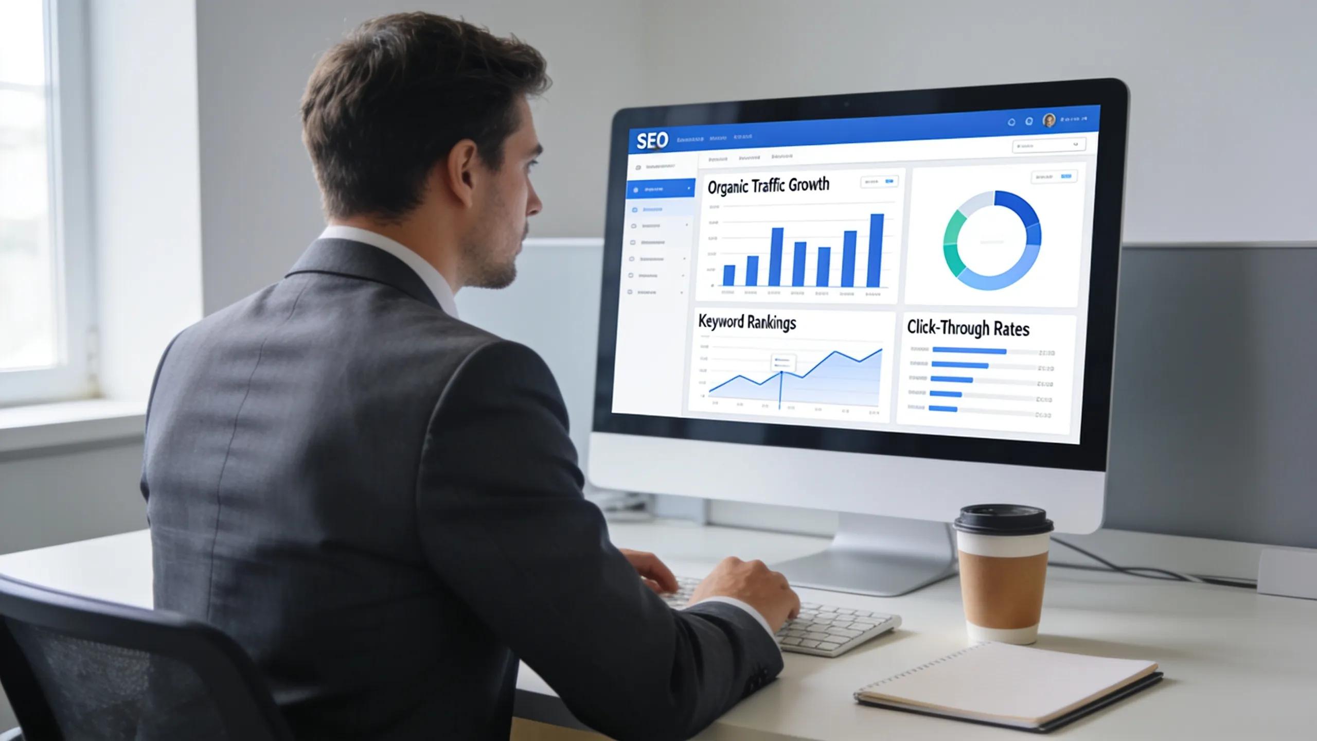 Business professional reviewing website analytics for SEO strategies Business professional reviewing website analytics for SEO strategies