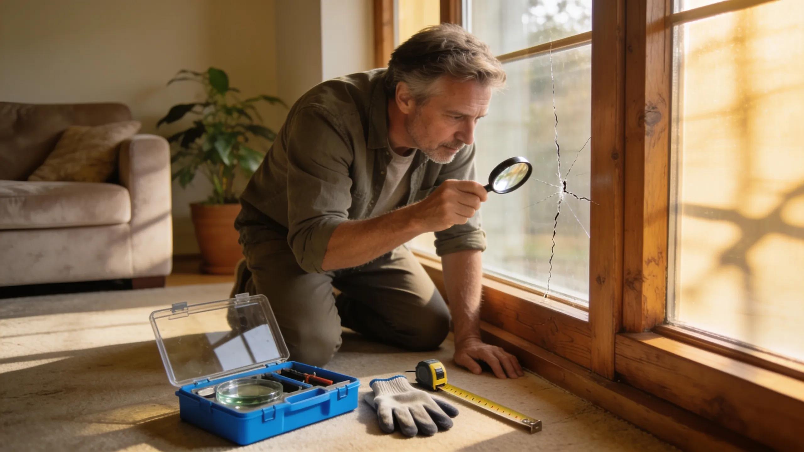 Homeowner evaluating glass damage with tools in a cozy atmosphere, emphasizing decisions on repair versus replacement