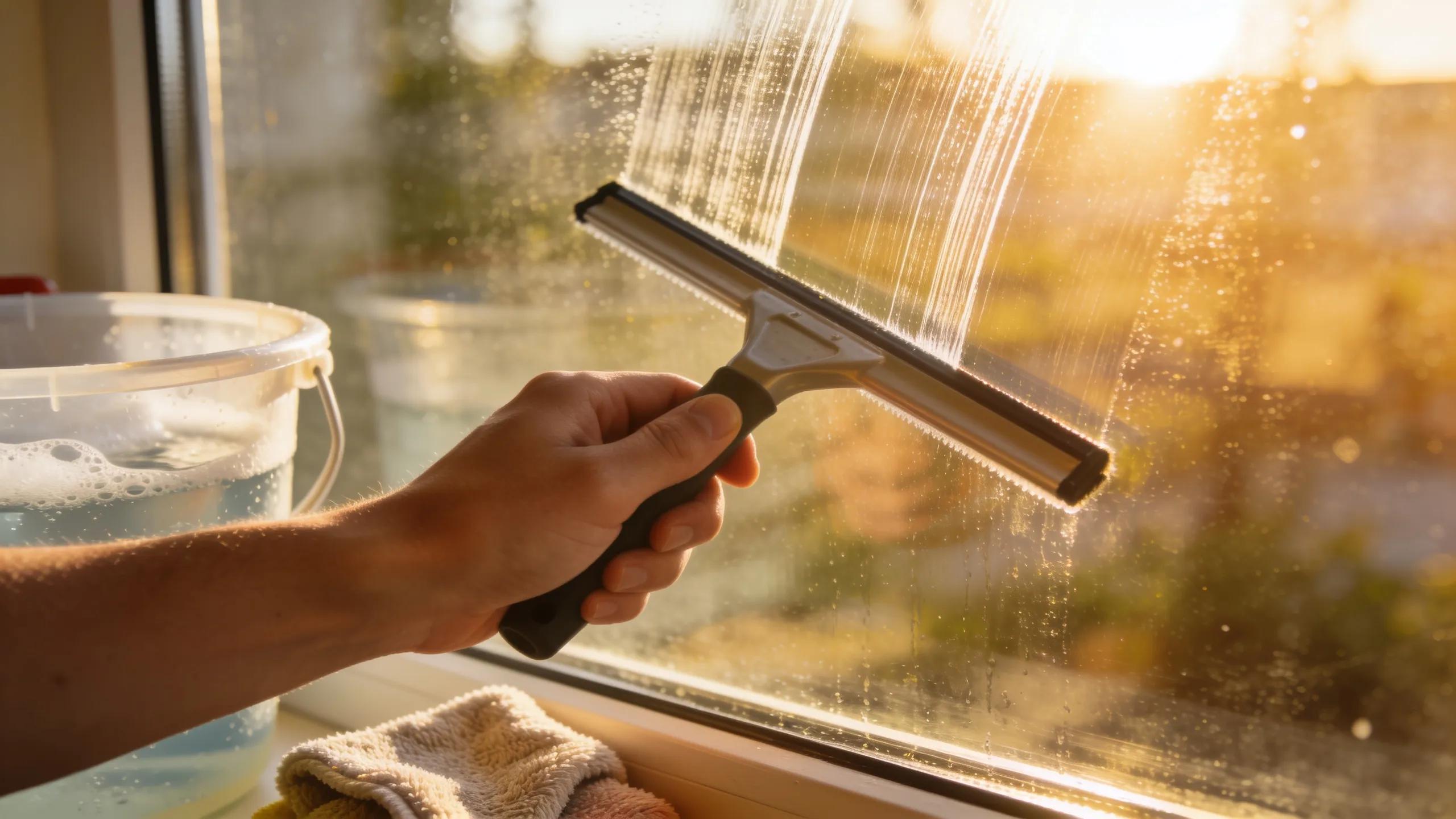 Close-up of a hand using a squeegee on a window, illustrating the effective cleaning method for streak-free results