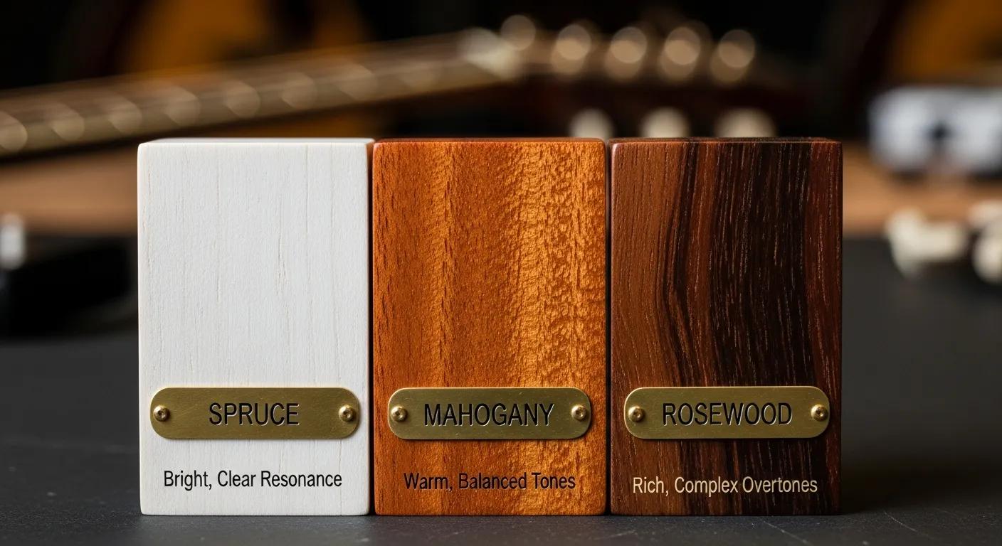 Close-up of various tonewoods like spruce, mahogany, and rosewood, illustrating their impact on acoustic guitar sound quality