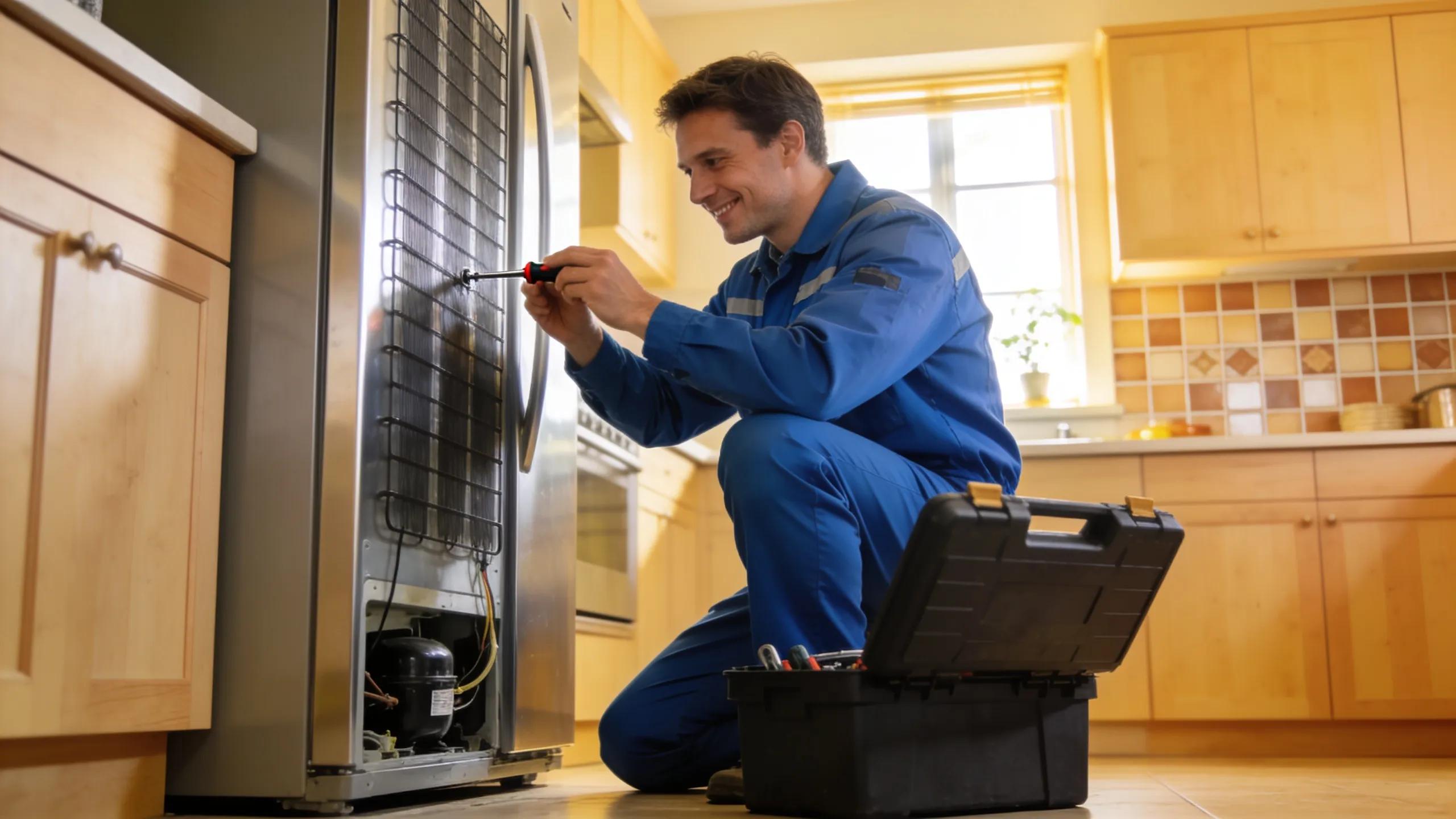 Technician performing professional refrigerator repair in a bright kitchen
