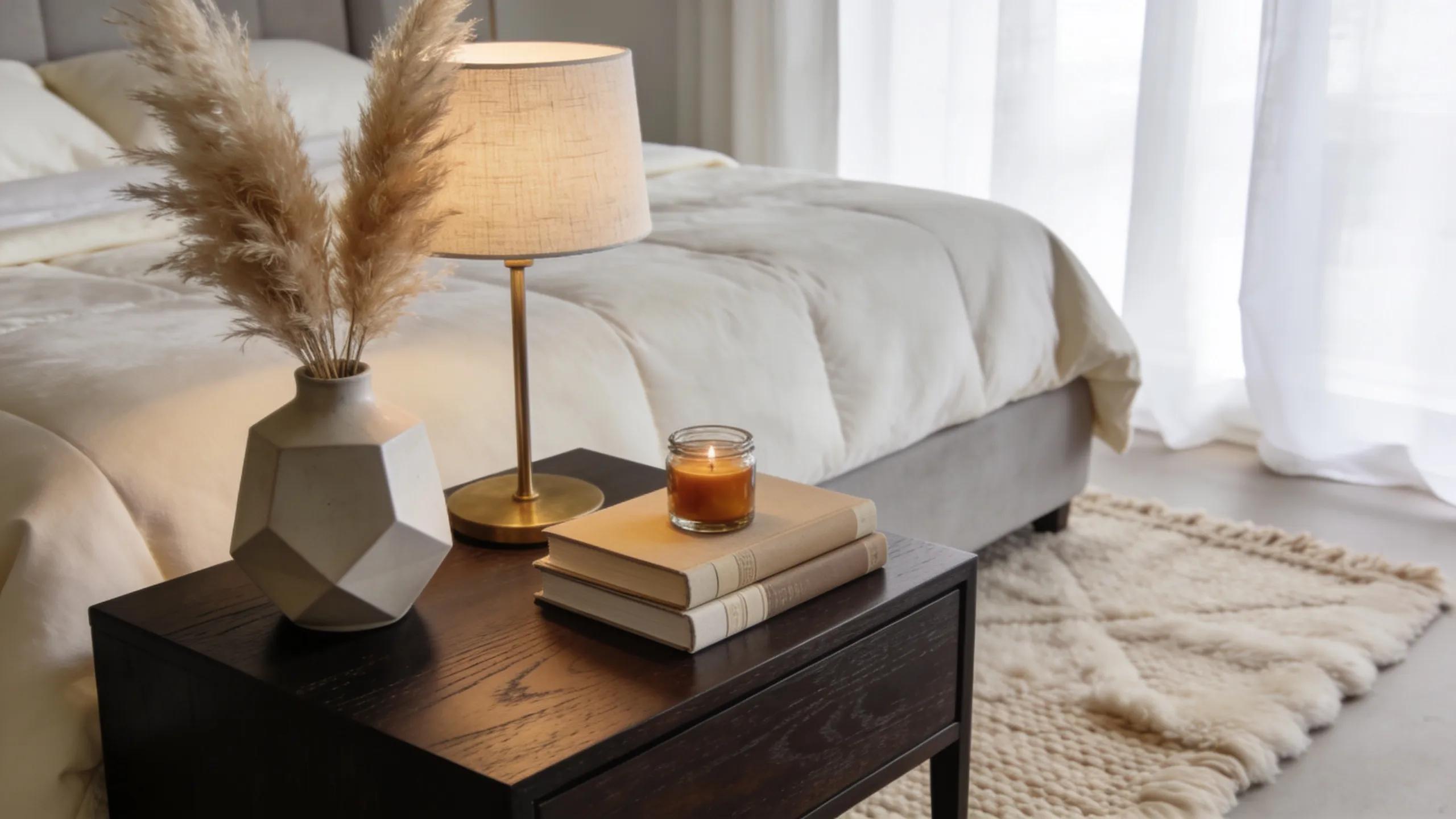 Elegant dark wood bedside table styled with decorative accessories in a contemporary bedroom