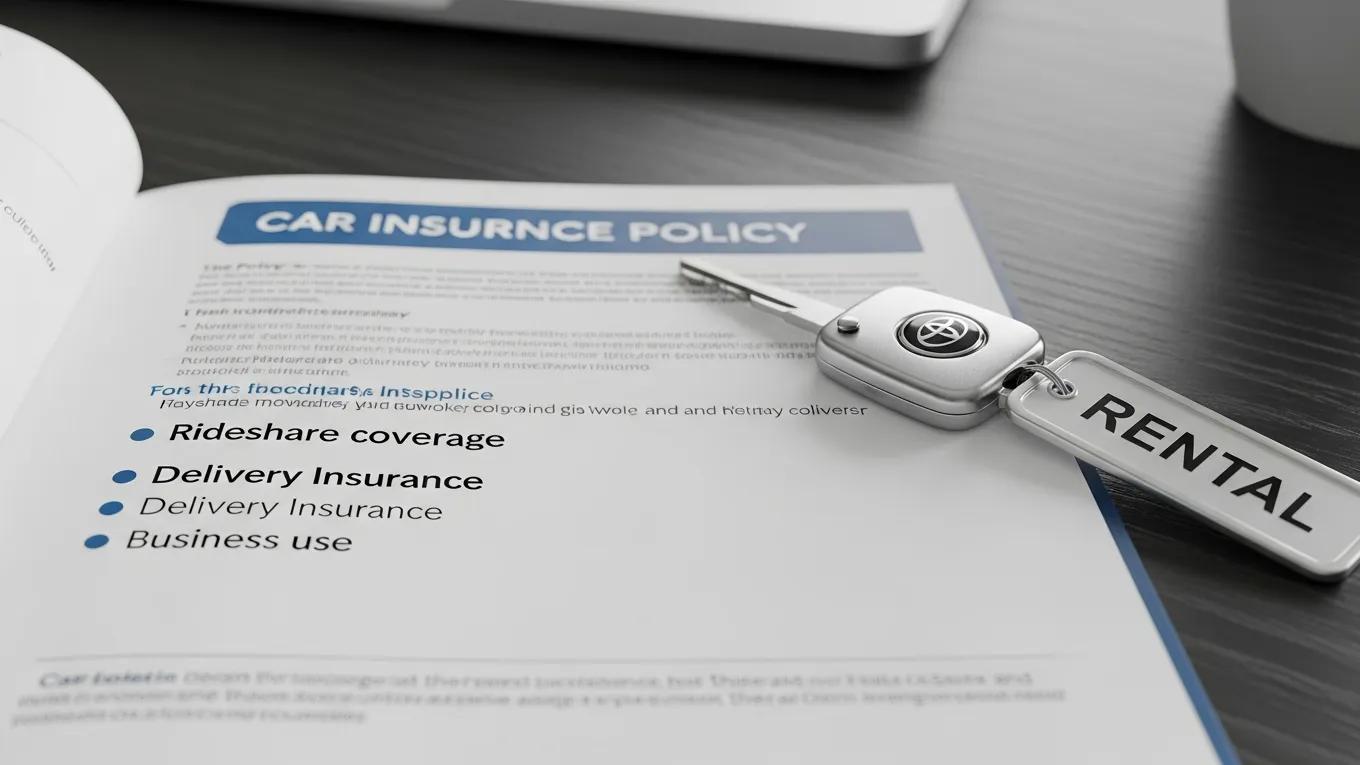 Close-up of car insurance policy and rental car key, highlighting essential coverage for gig workers