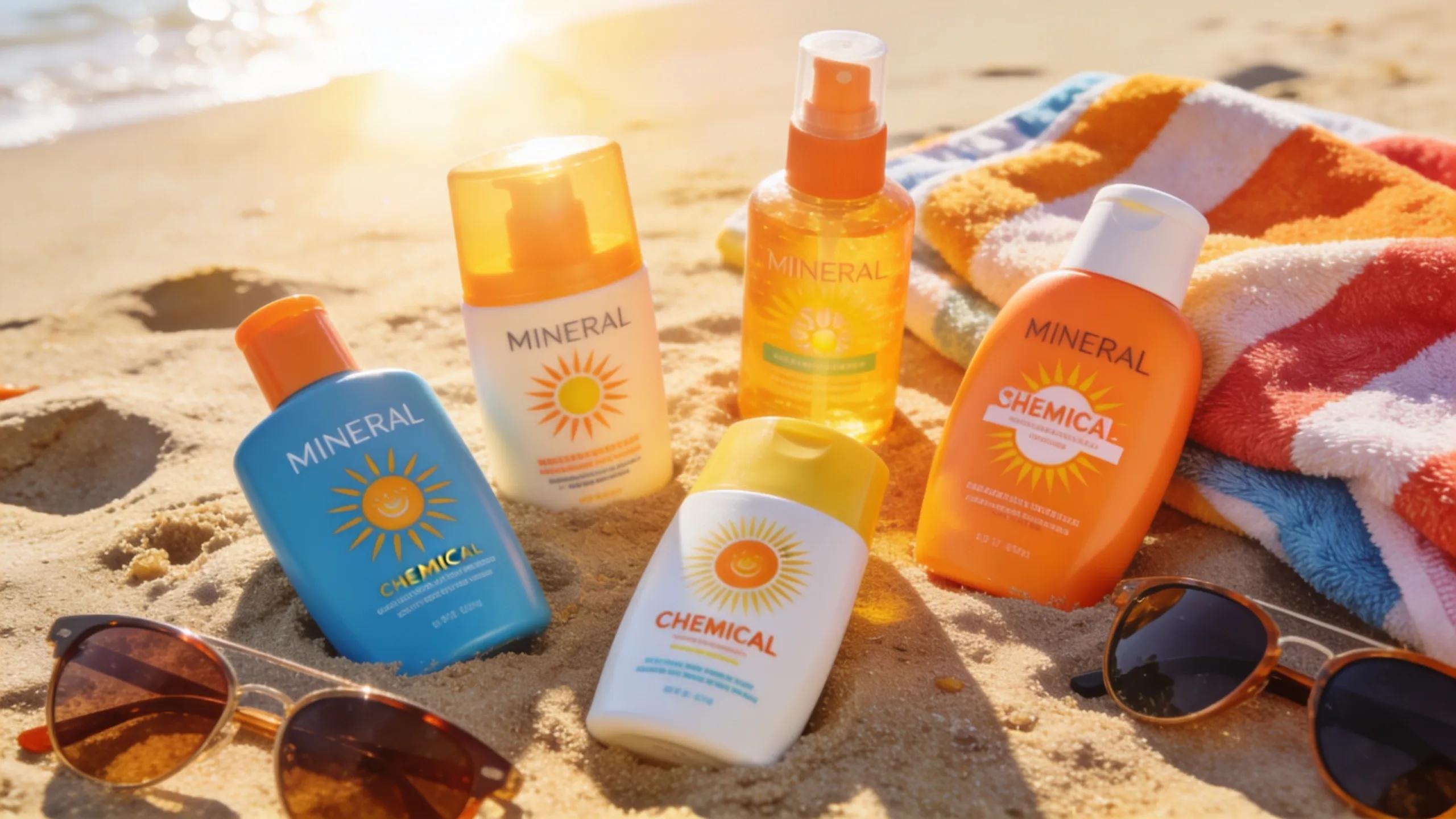 Assortment of mineral and chemical sunscreens laid out on a beach towel to illustrate sun-protection options