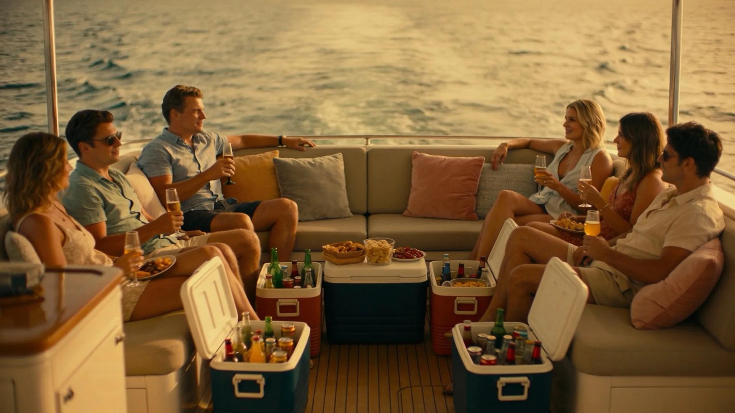 Comfortable seating and refreshments on a boat party, showcasing guest enjoyment