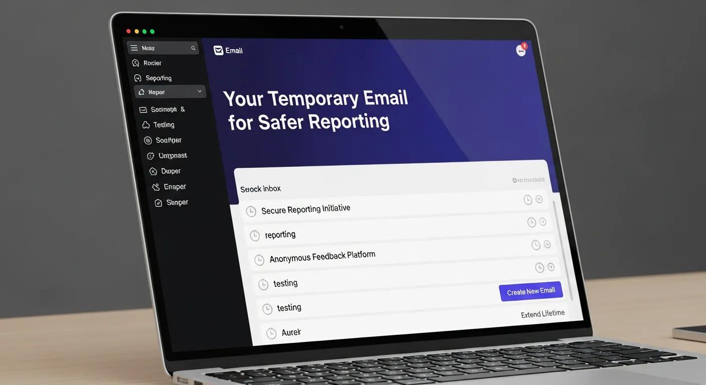 Laptop screen showing a disposable email inbox, representing safer reporting and testing