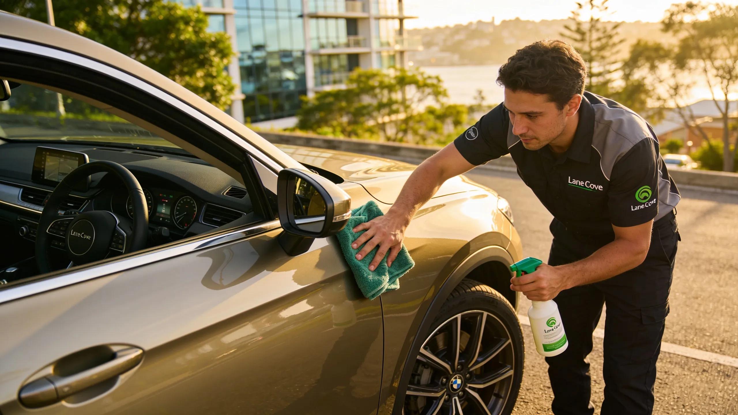 Professional car detailing service in Lane Cove with a technician cleaning a car