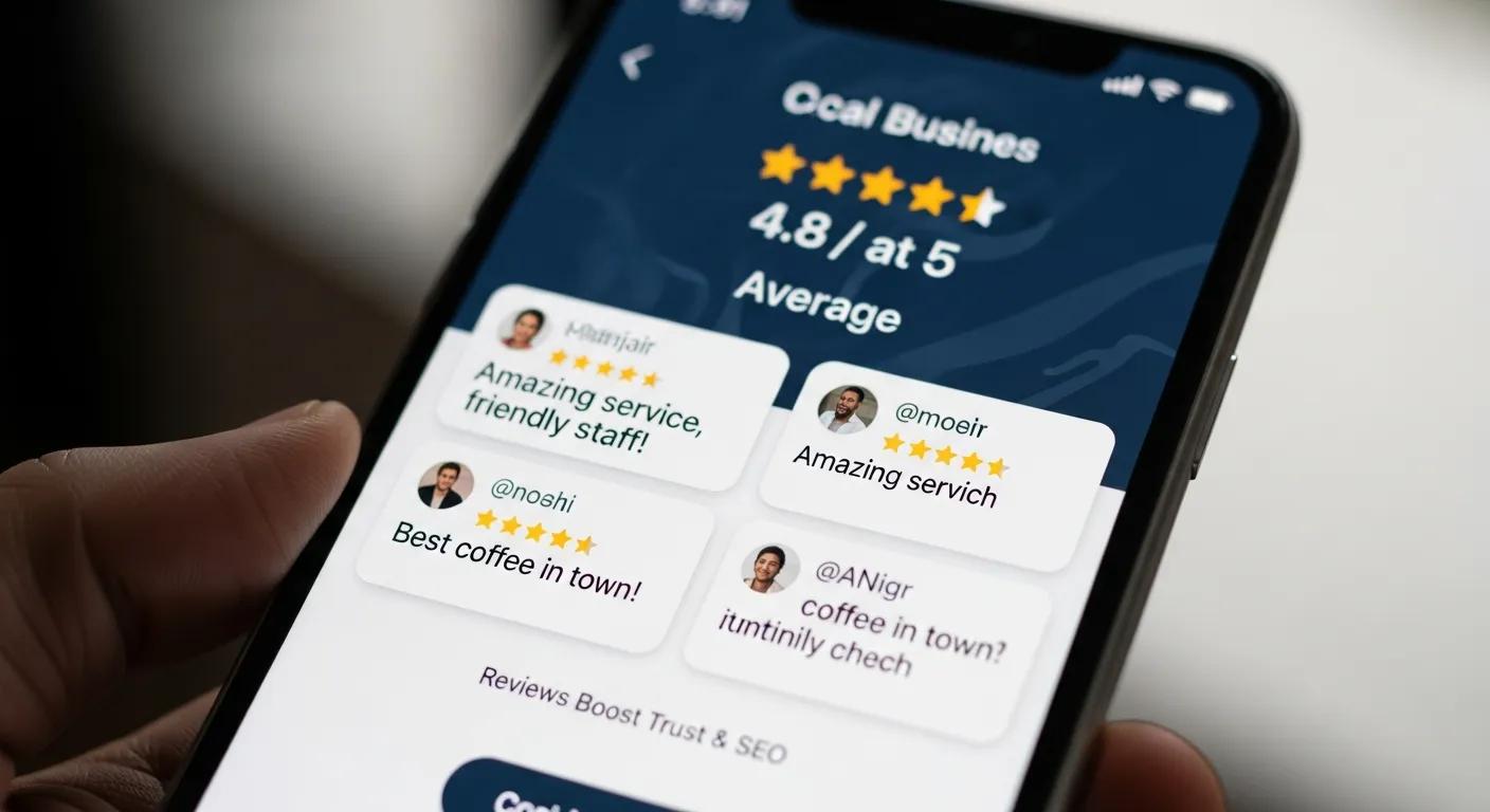 Smartphone showing positive customer reviews for a local business — reviews boost trust and SEO