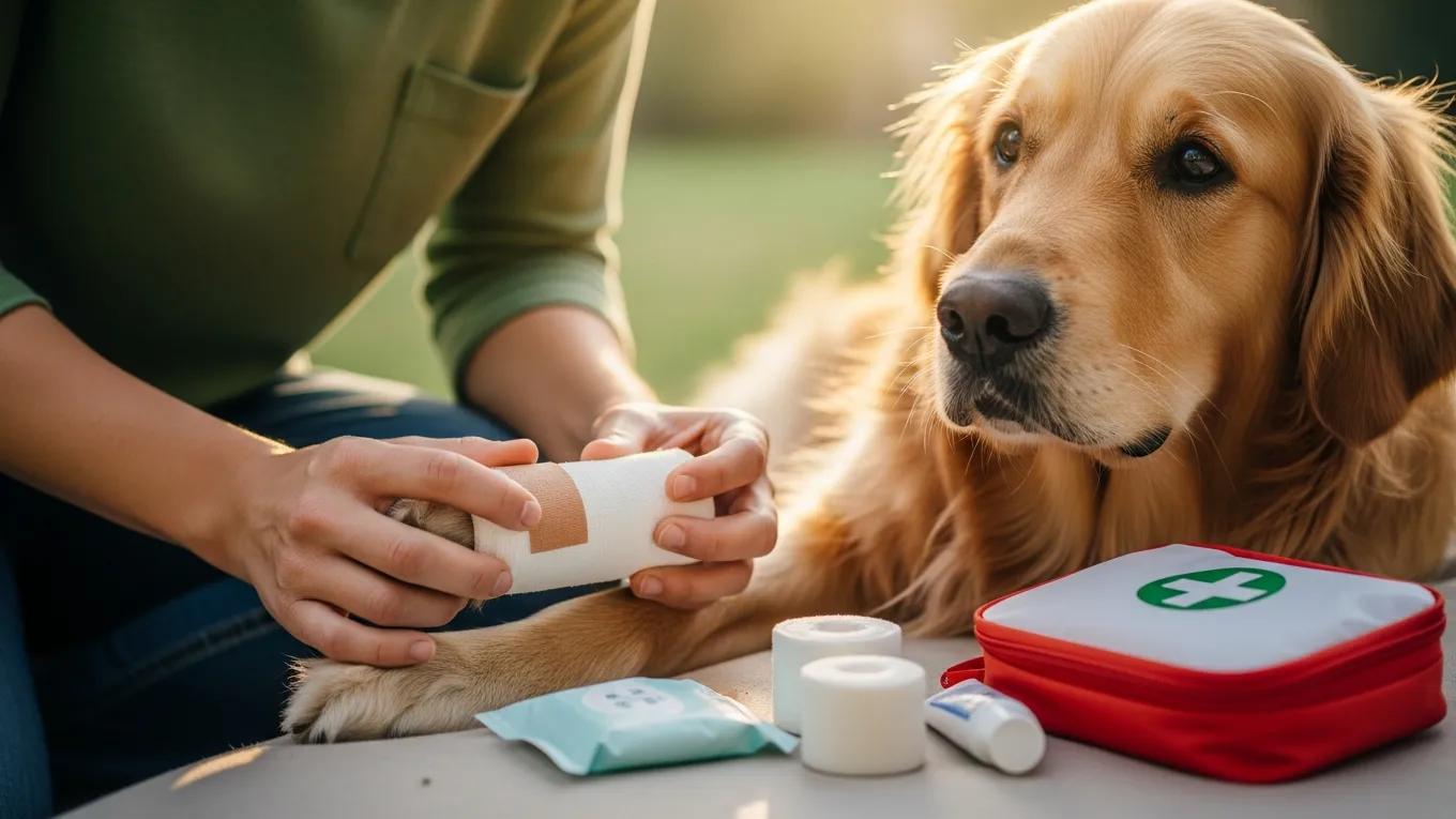Dog with first aid kit and supplies for trail emergencies