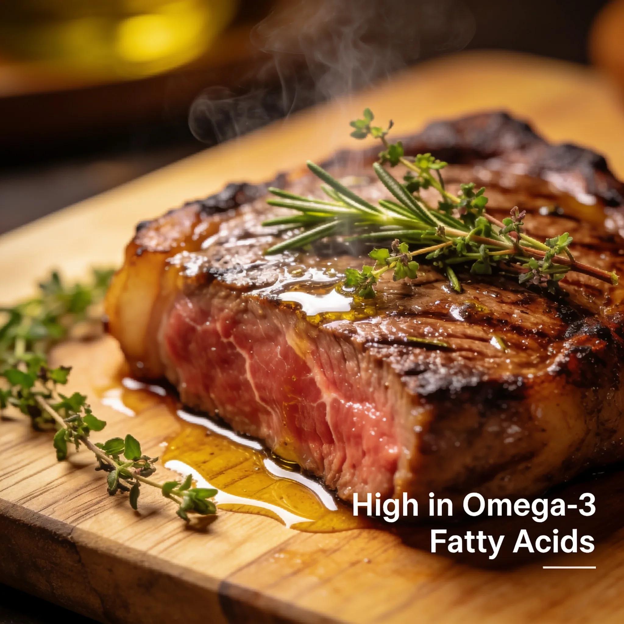 Close-up of a grass-fed beef steak highlighting omega-3 fatty acids and health benefits