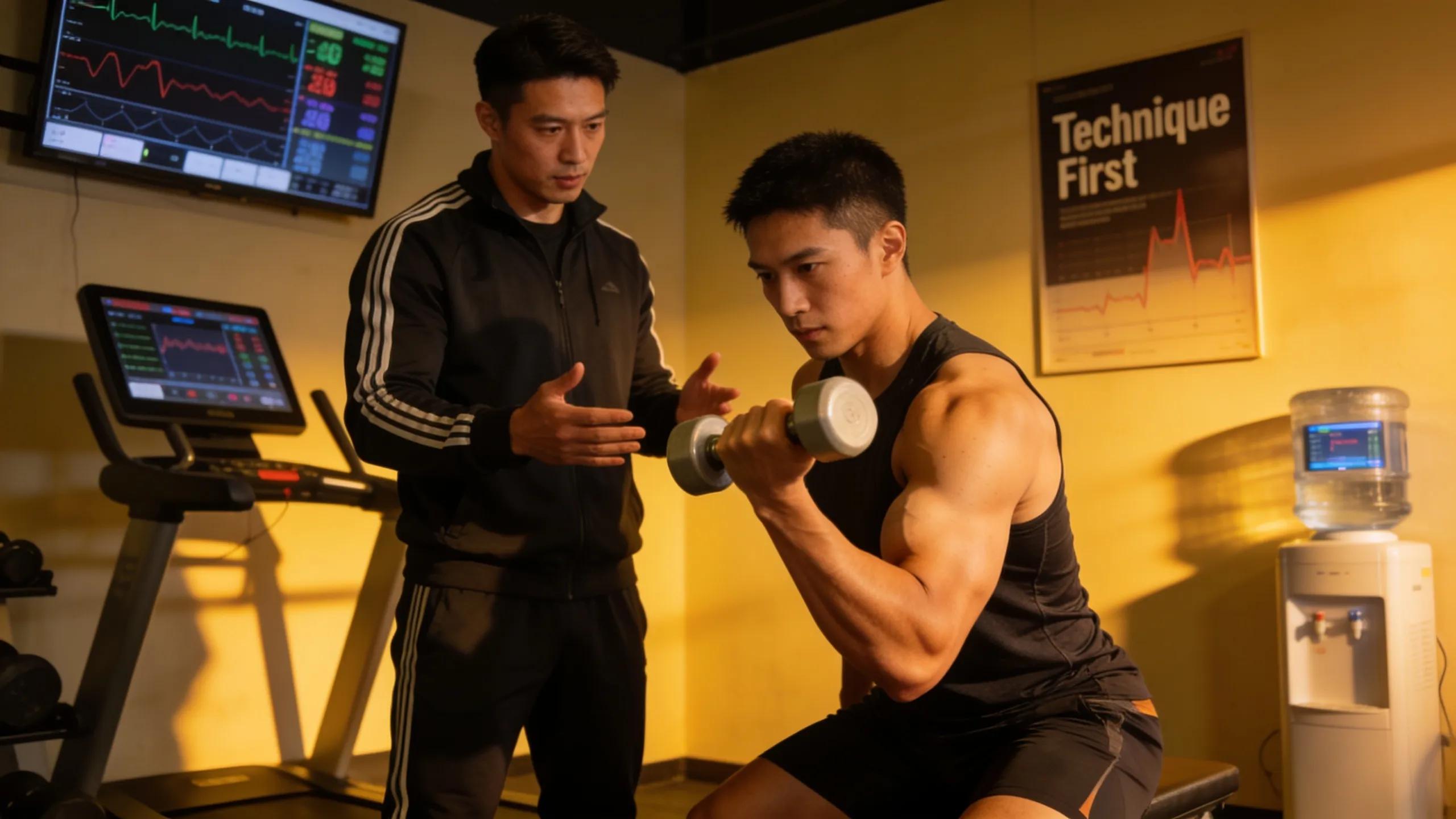 Client following safe progression in workout with trainer supervision to prevent injuries