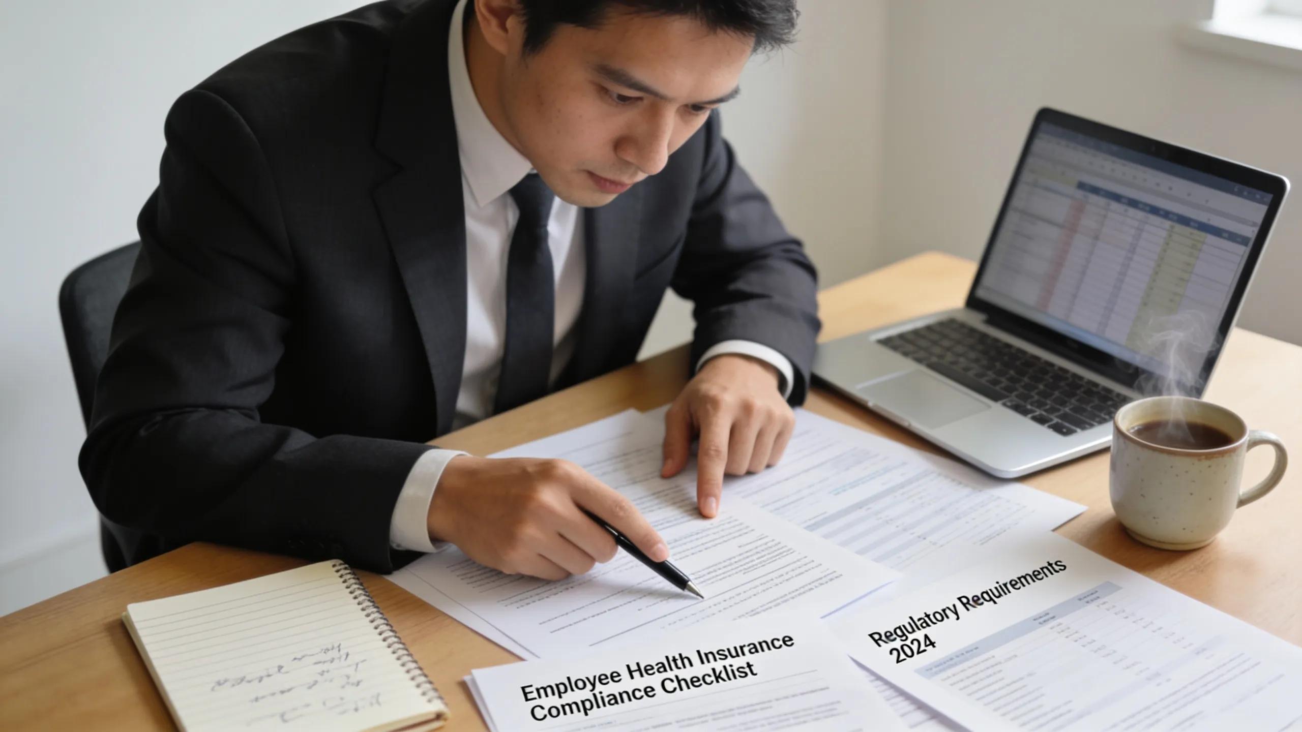 Business professional analyzing compliance documents for employee health insurance