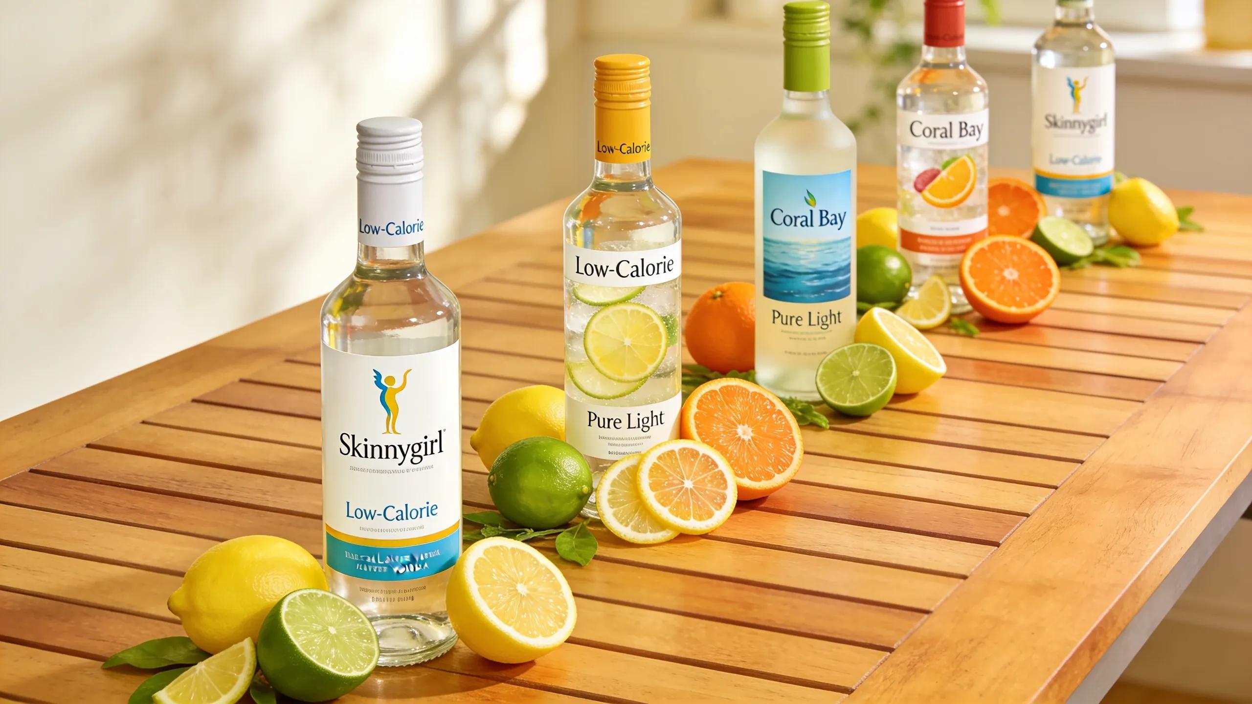 Top low-calorie flavored vodka bottles with fresh ingredients on a stylish wooden table