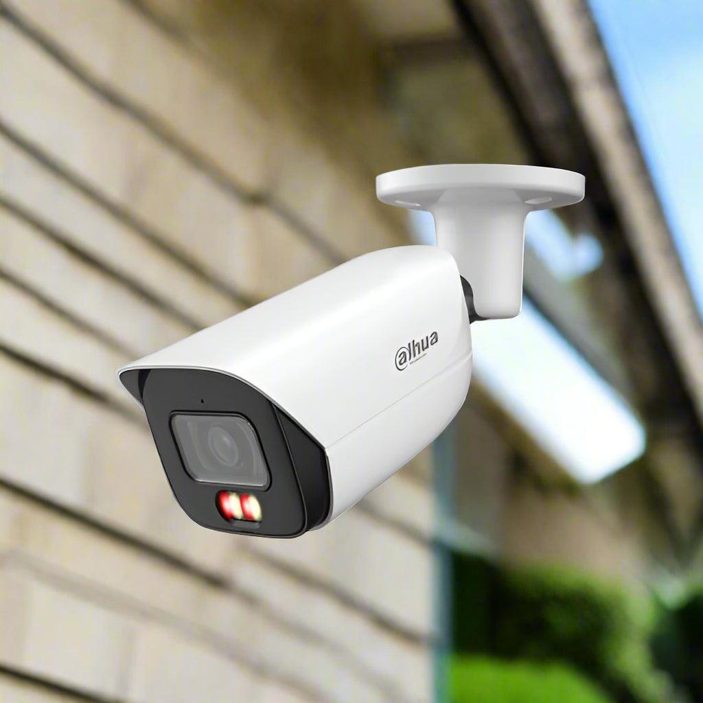 Close-up of WiFi security camera and Hikvision CCTV system outdoors