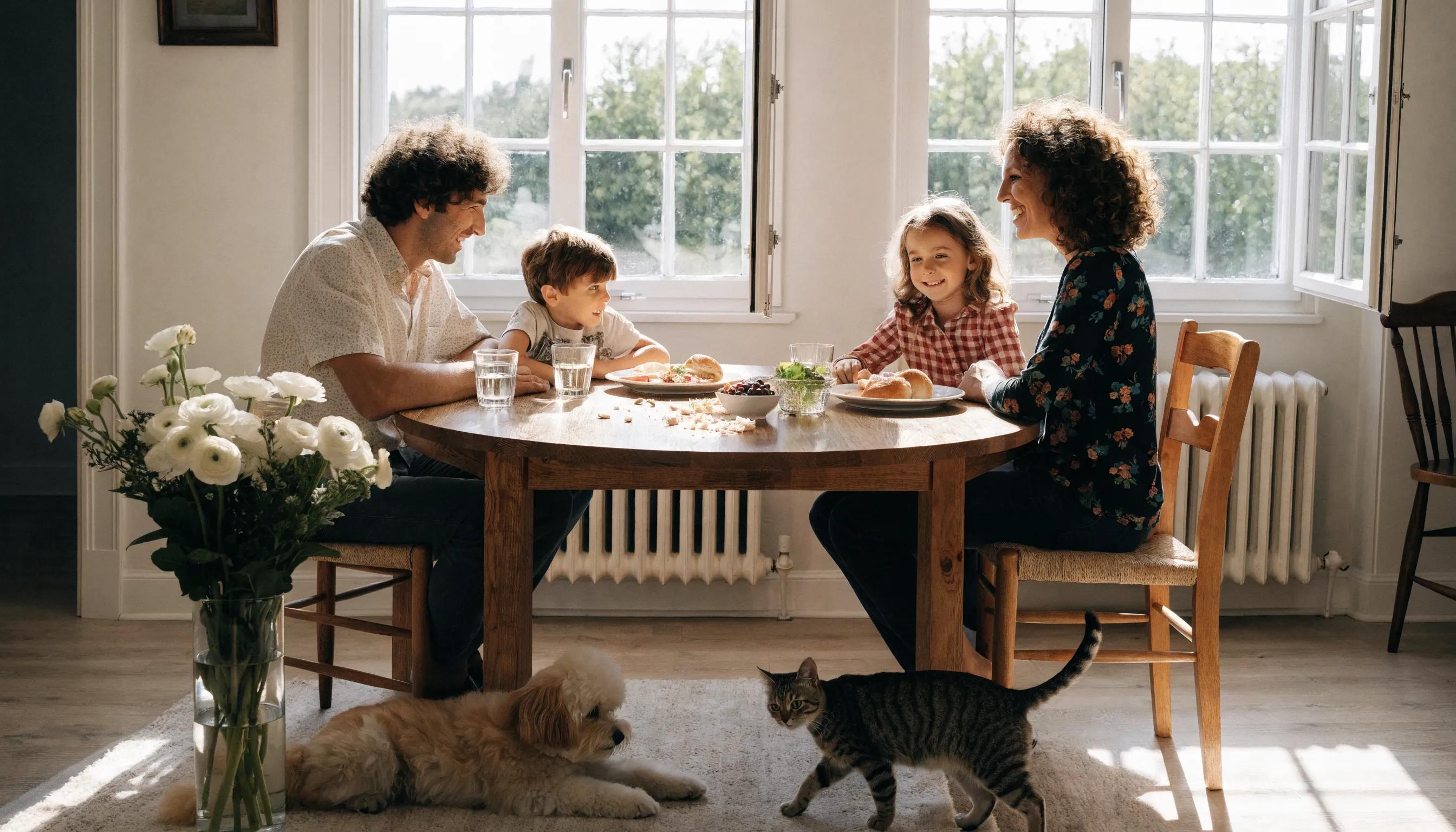 Family enjoying a clean home environment, highlighting the benefits of green cleaning on indoor air quality