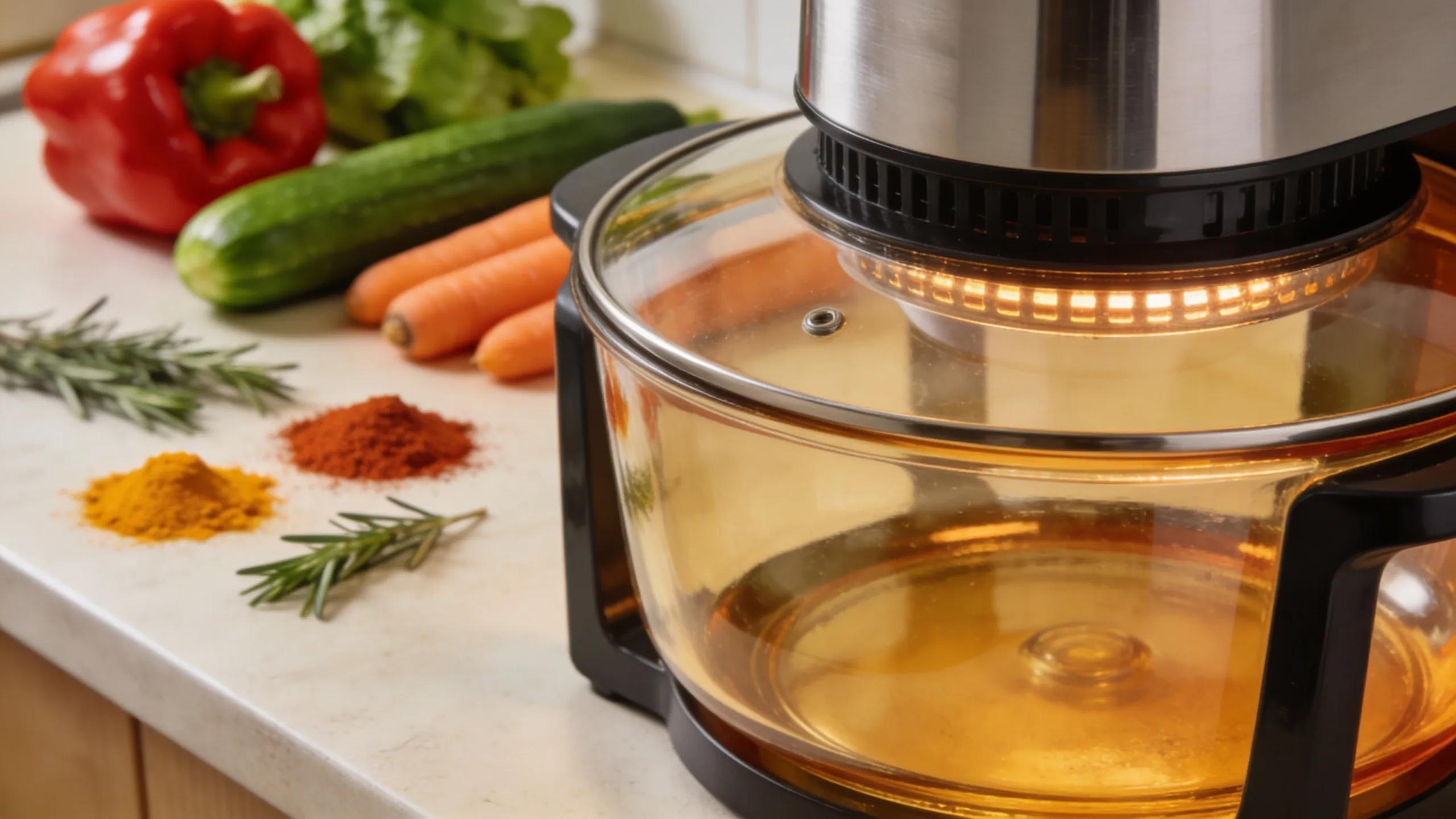 Modern glass air fryer surrounded by fresh vegetables, highlighting healthy cooking options
