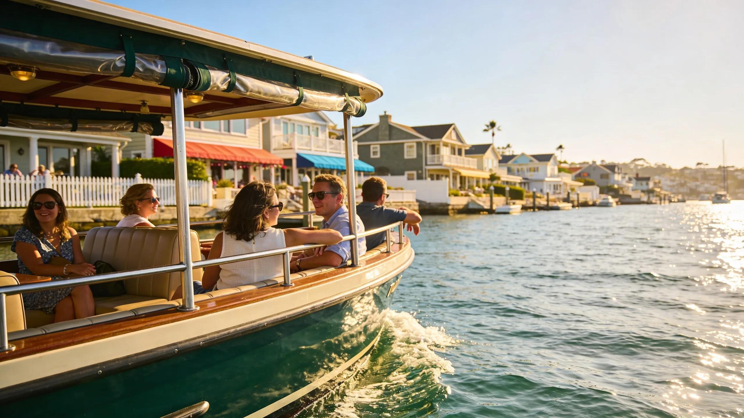 Duffy boat cruising during sunset in Newport Harbor Duffy boat cruising during sunset in Newport Harbor