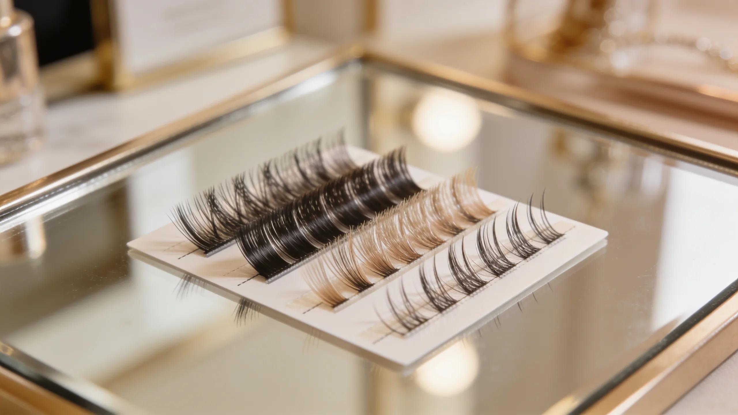 Hybrid lash extensions in various lengths and textures showcased on a surface, emphasizing beauty enhancement