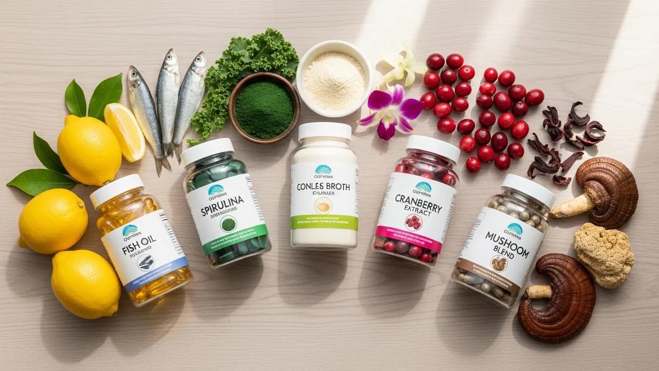 Clean supplement bottles surrounded by natural ingredients, representing quality and wellness