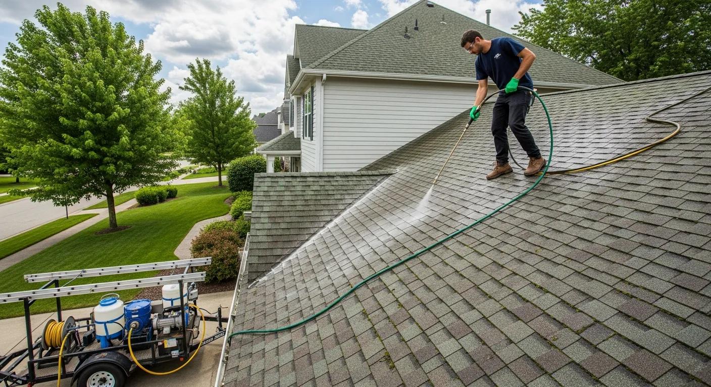 Residential roof cleaning service using soft wash techniques