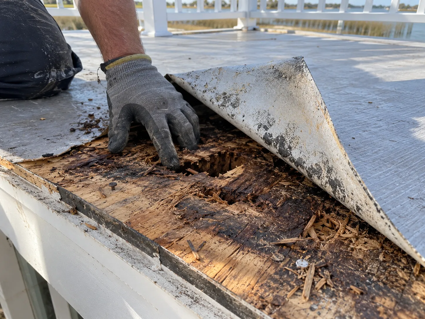 Rotted plywood substrate exposed under an old deck surface