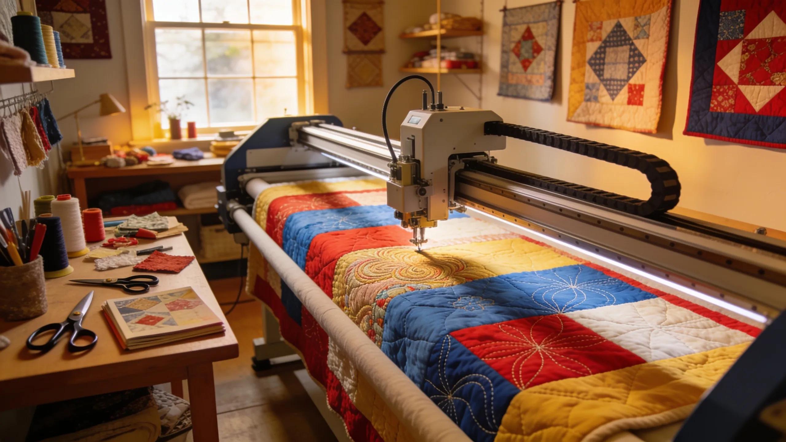 Welcoming quilting studio featuring a long arm quilting machine actively finishing a colorful quilt, highlighting the artistry of quilting services