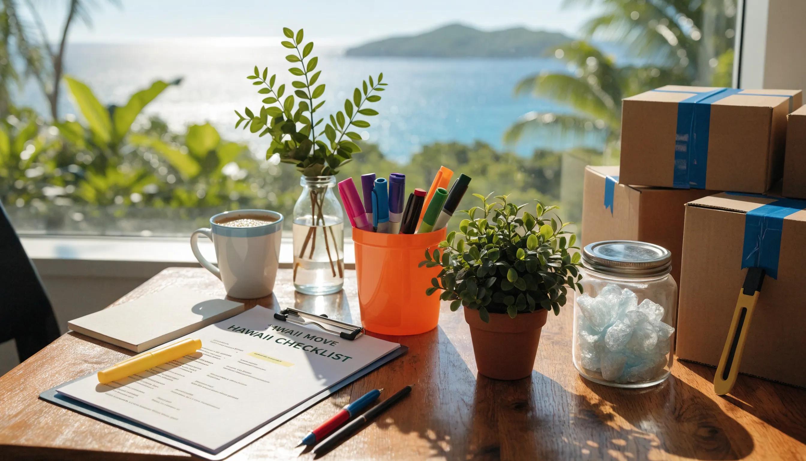 Organized workspace with a checklist and packing materials, emphasizing the importance of planning a move to Hawaii