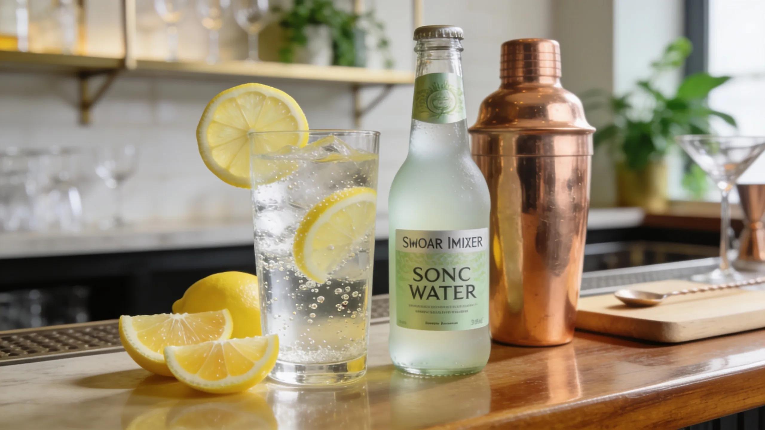 Low-sugar mixers including soda water and fresh lemon for healthier cocktails