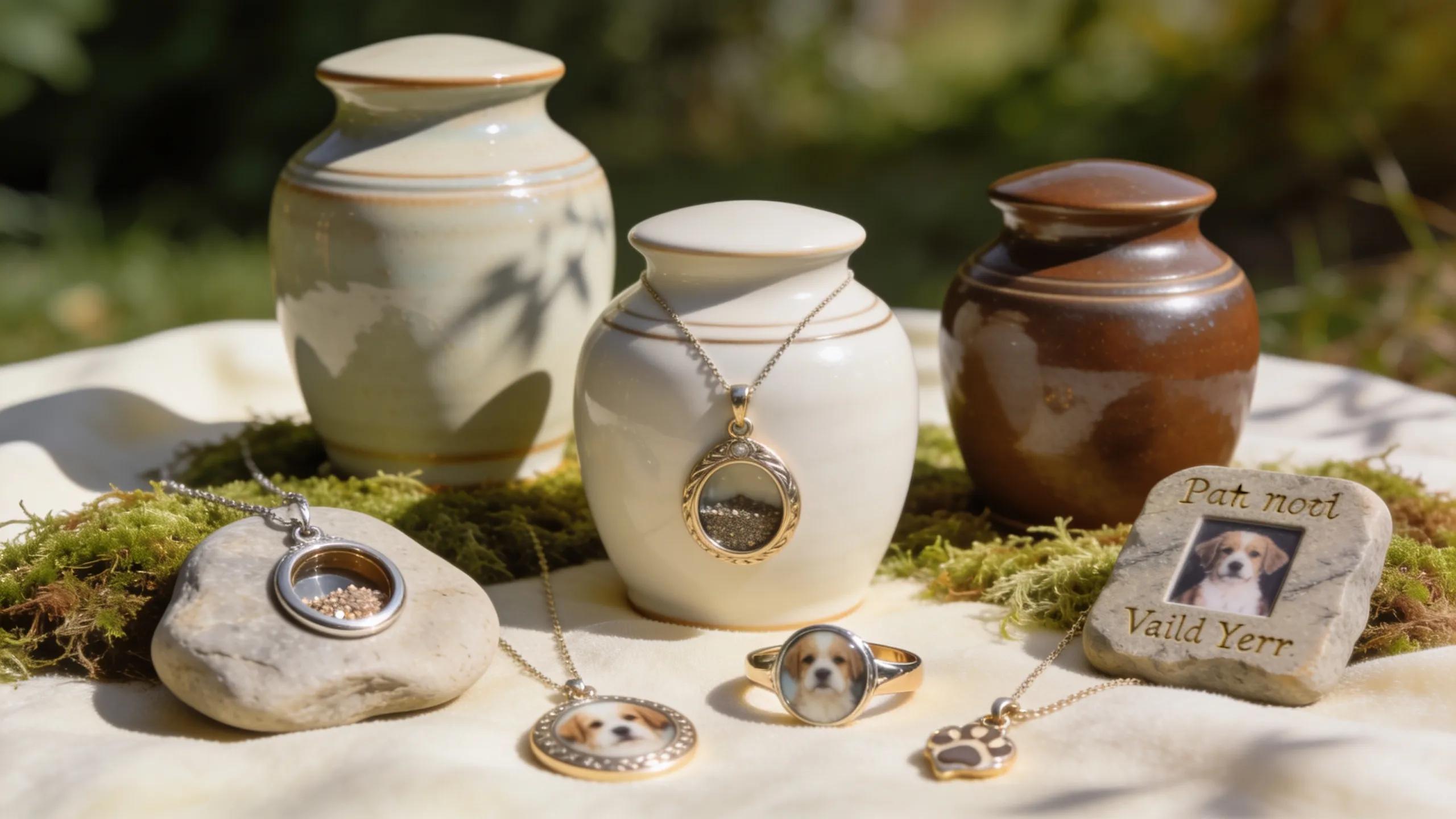 Display of various pet memorial options including urns, jewelry, and personalized tokens