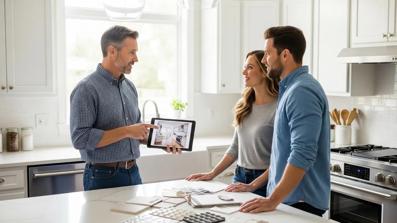 Professional contractor consulting with homeowners in a kitchen on remodeling projects