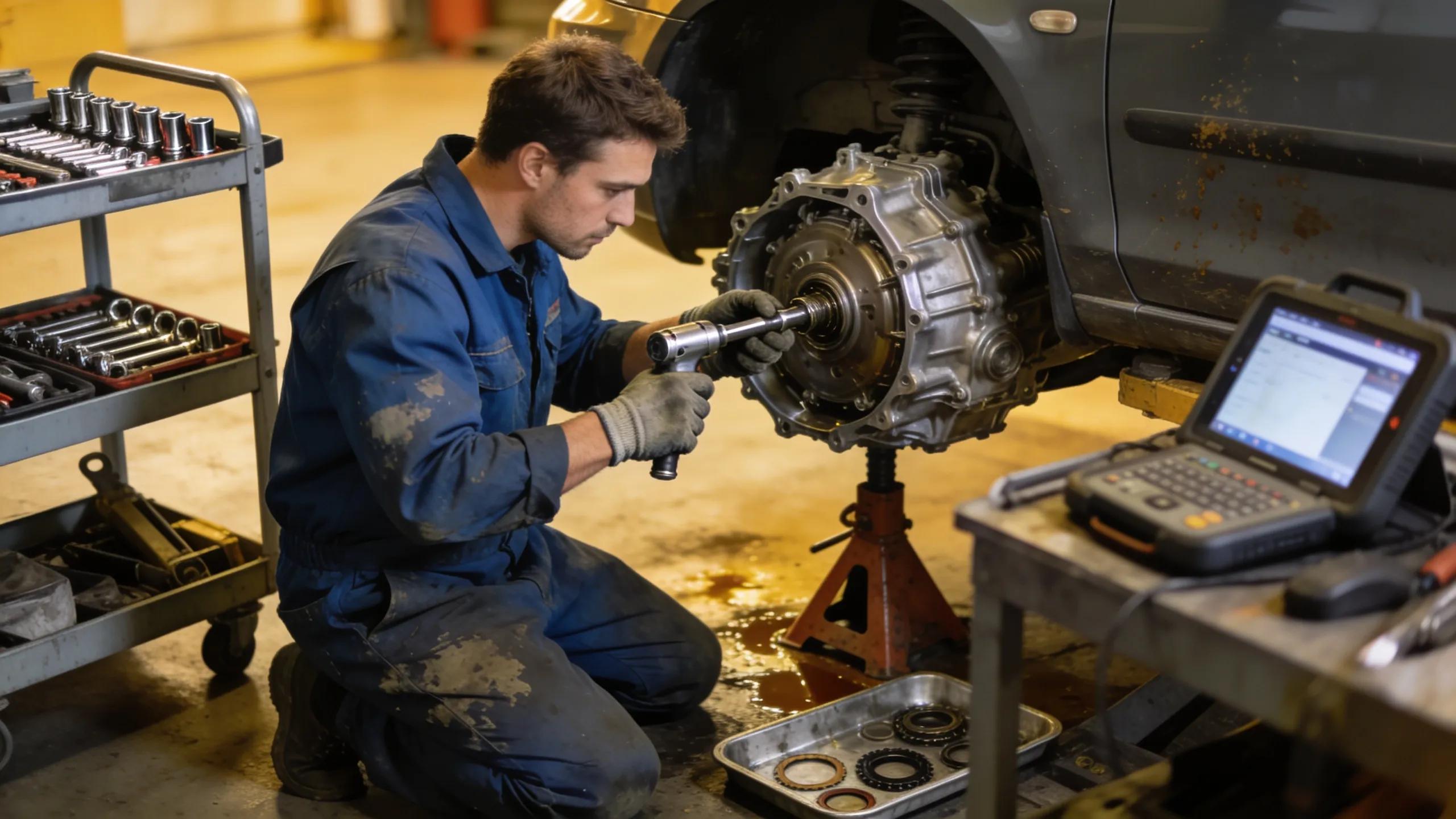 Mechanic inspecting car transmission, symbolizing effective targeting for high-ticket repair services