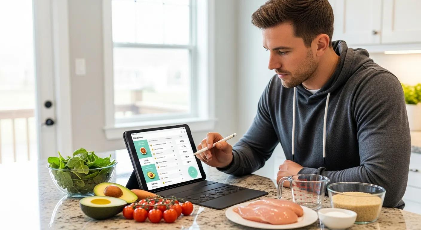 Coach planning meals with a nutrition app and fresh ingredients