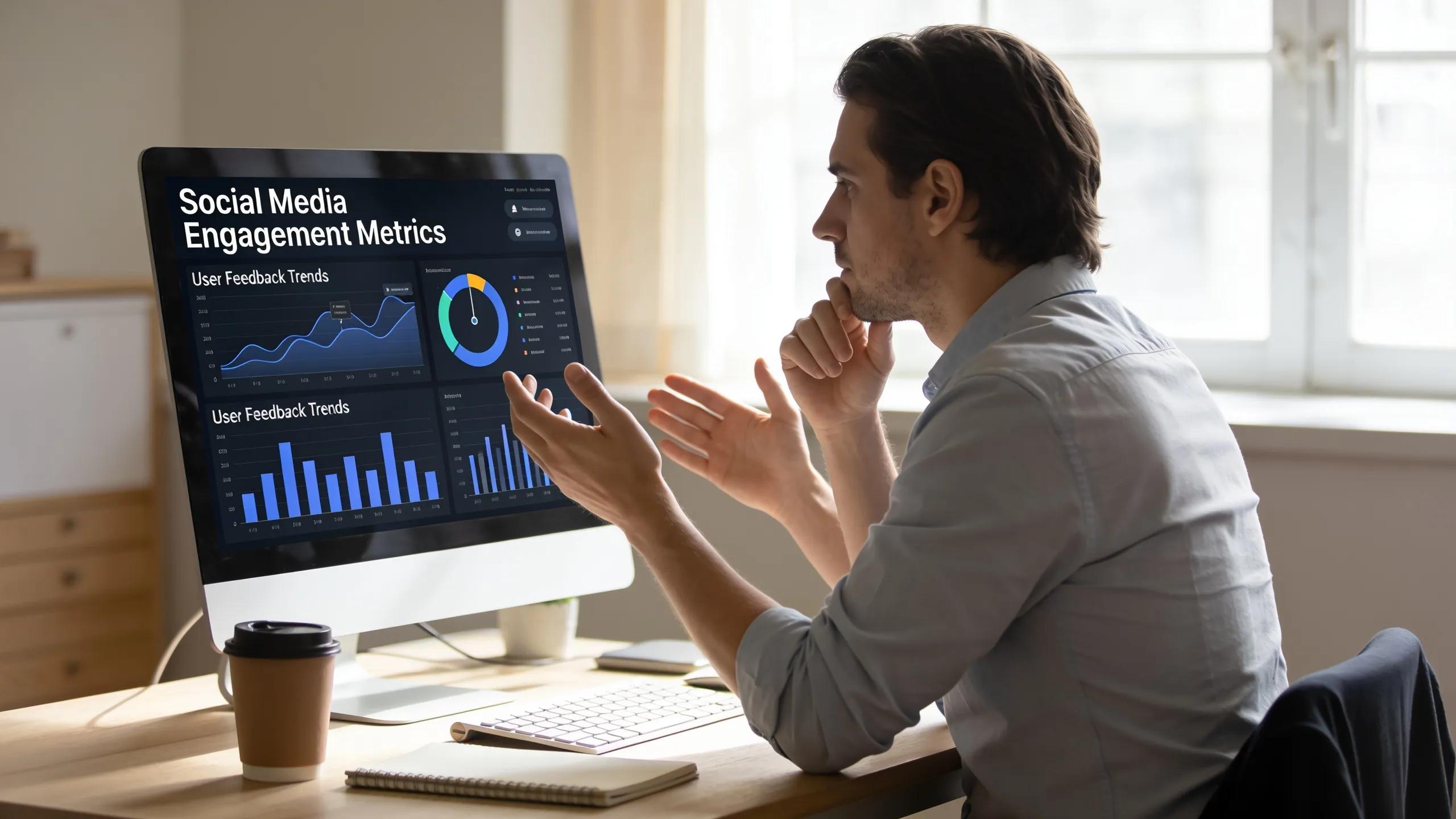 Professional analyzing social media feedback data on desktop computer for reputation management