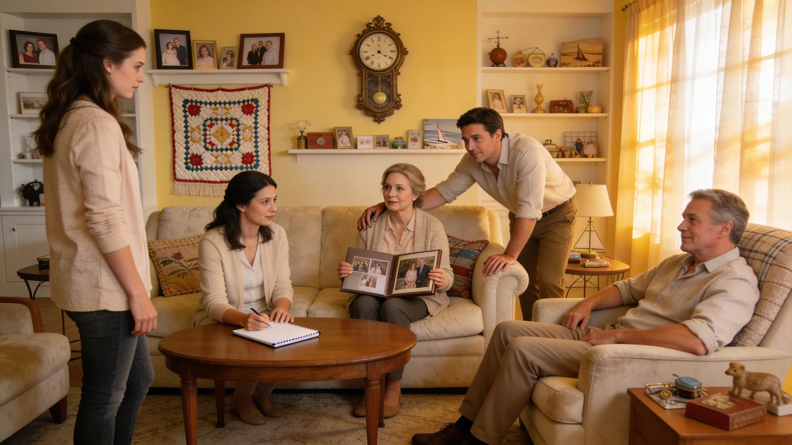 Family gathered in a living room discussing selling an inherited home