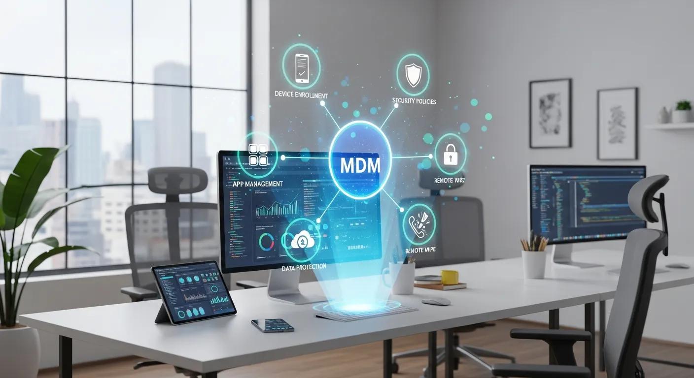 Visual representation of key features of mobile device management solutions in a tech-savvy workspace