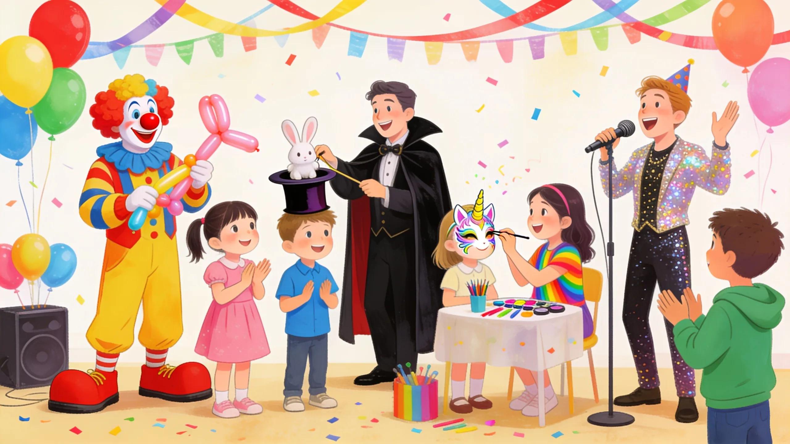 Variety of children's entertainers engaging with different age groups