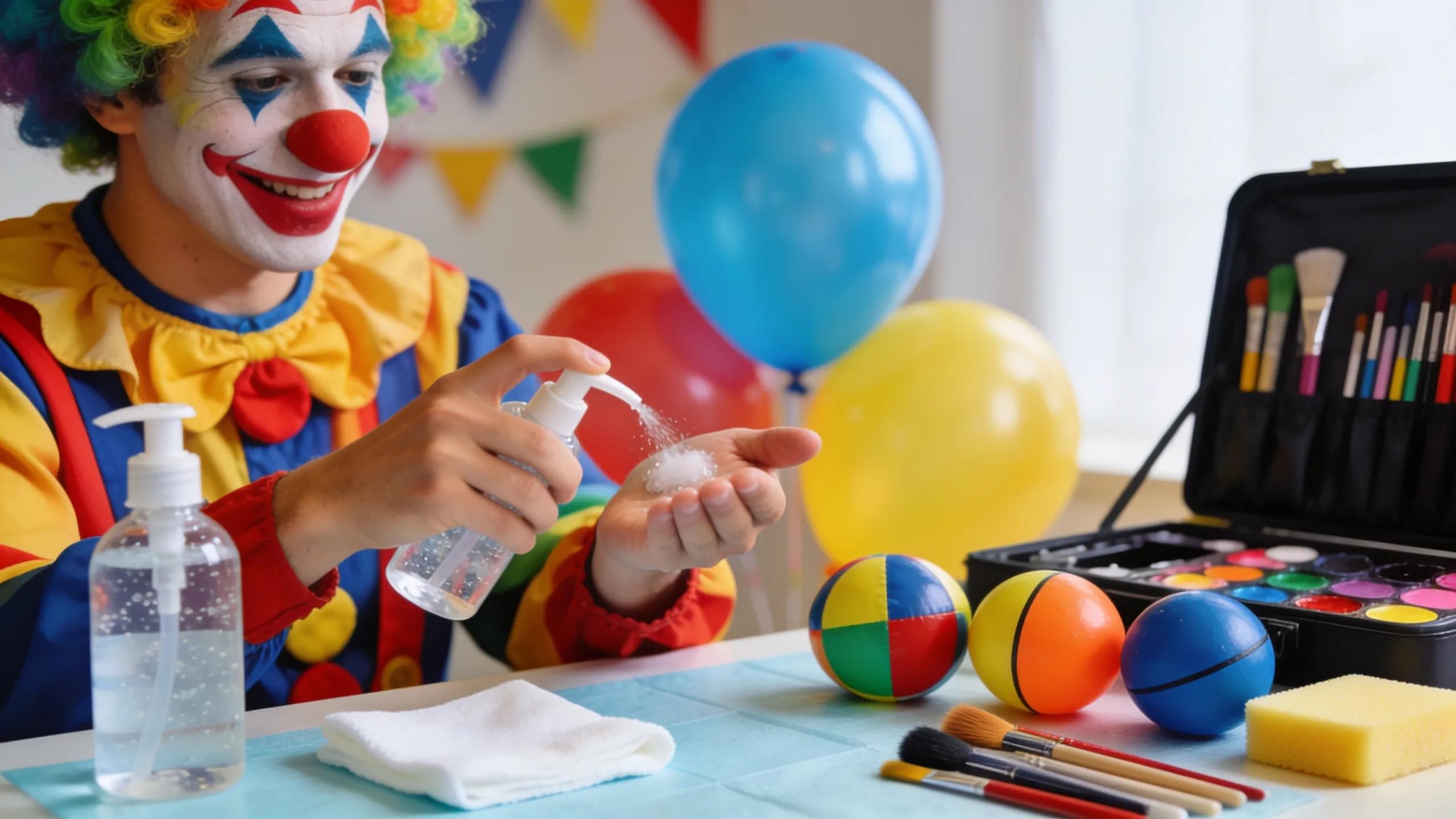 Clown sanitizing props to ensure safety and hygiene at a children's birthday party